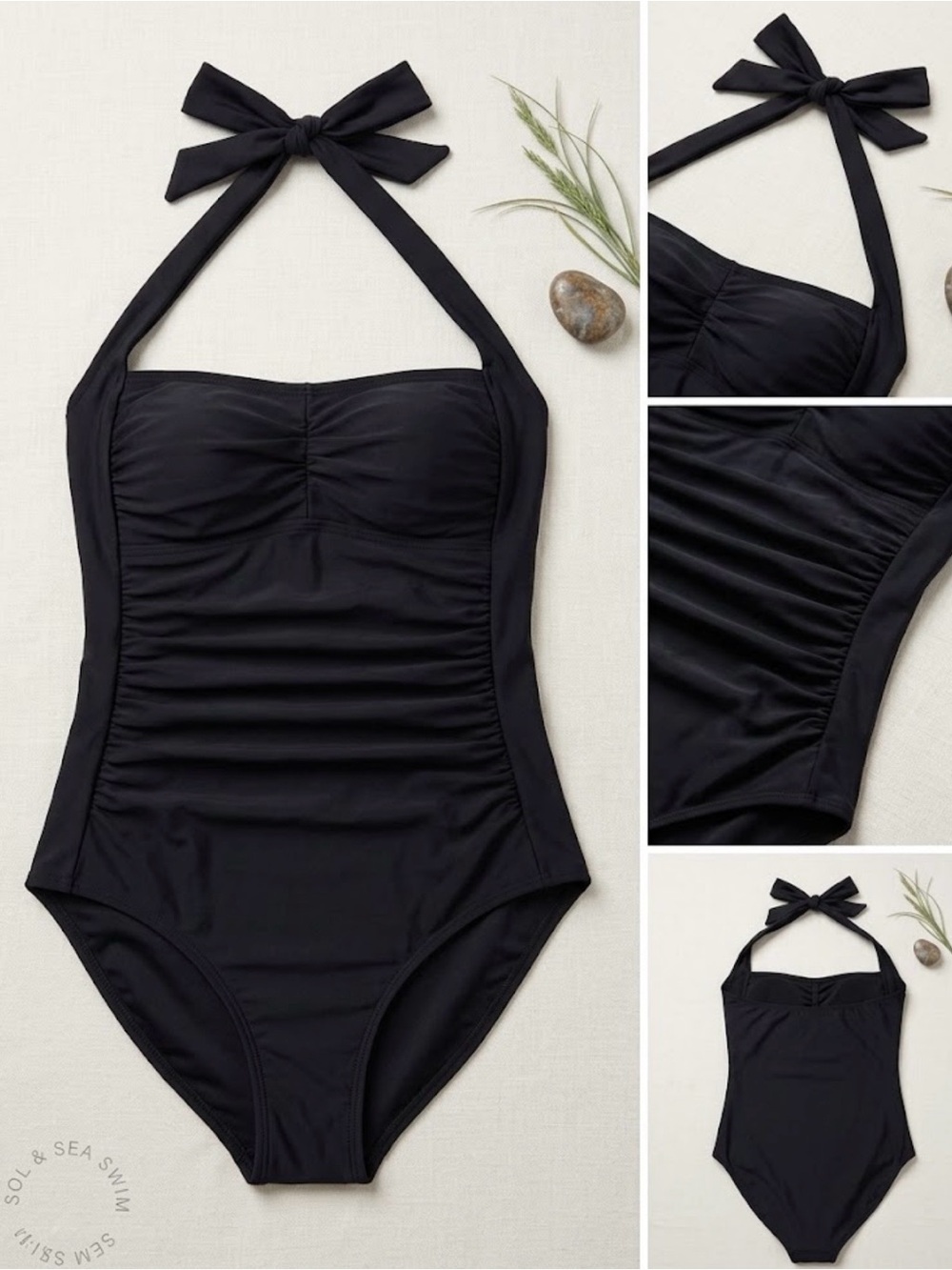 Like New Smismivo Black Ruched Halter One Piece Swimsuit Size XL